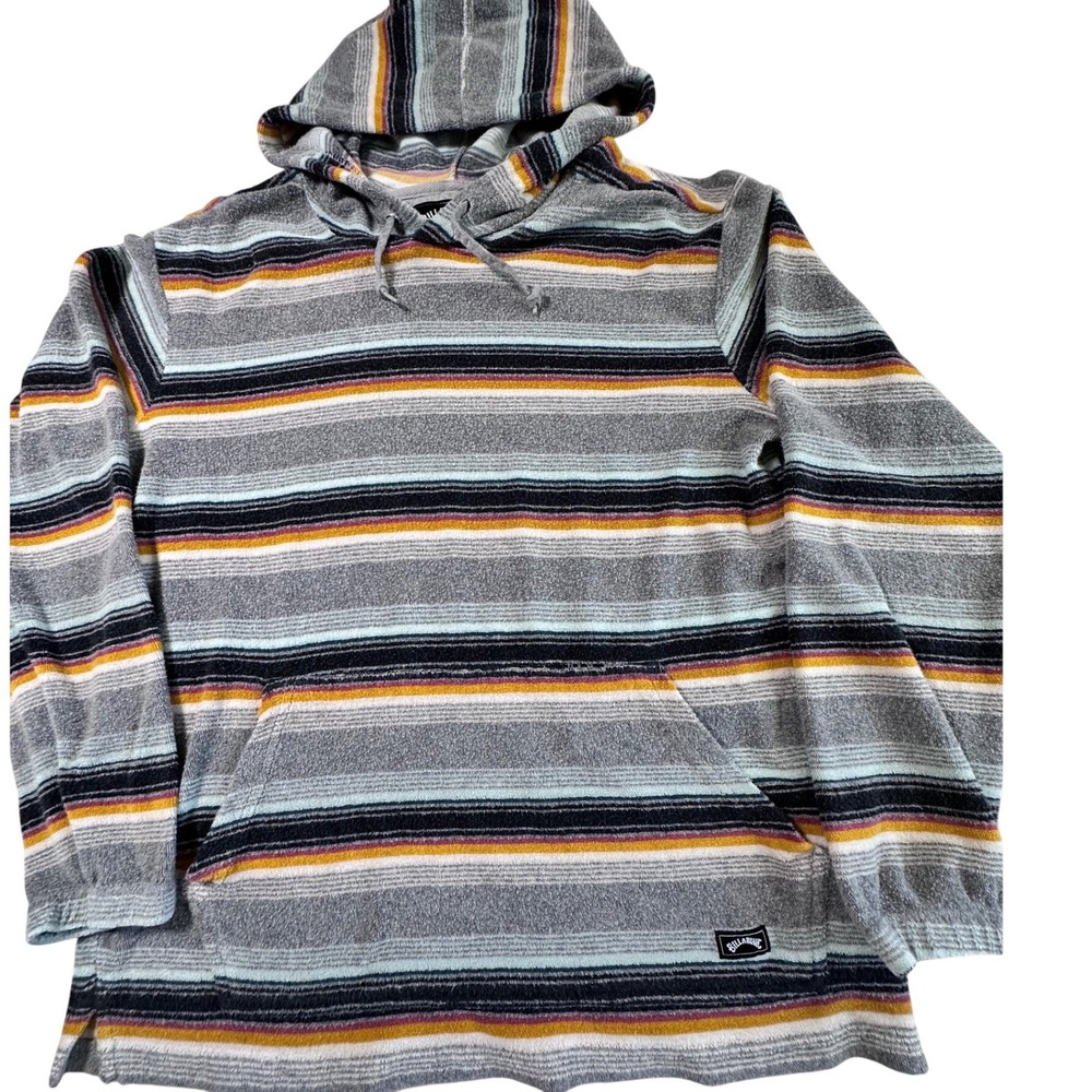Billabong Mens Baja Terry Cloth Striped Hoodie Grey Blue Yellow Small
